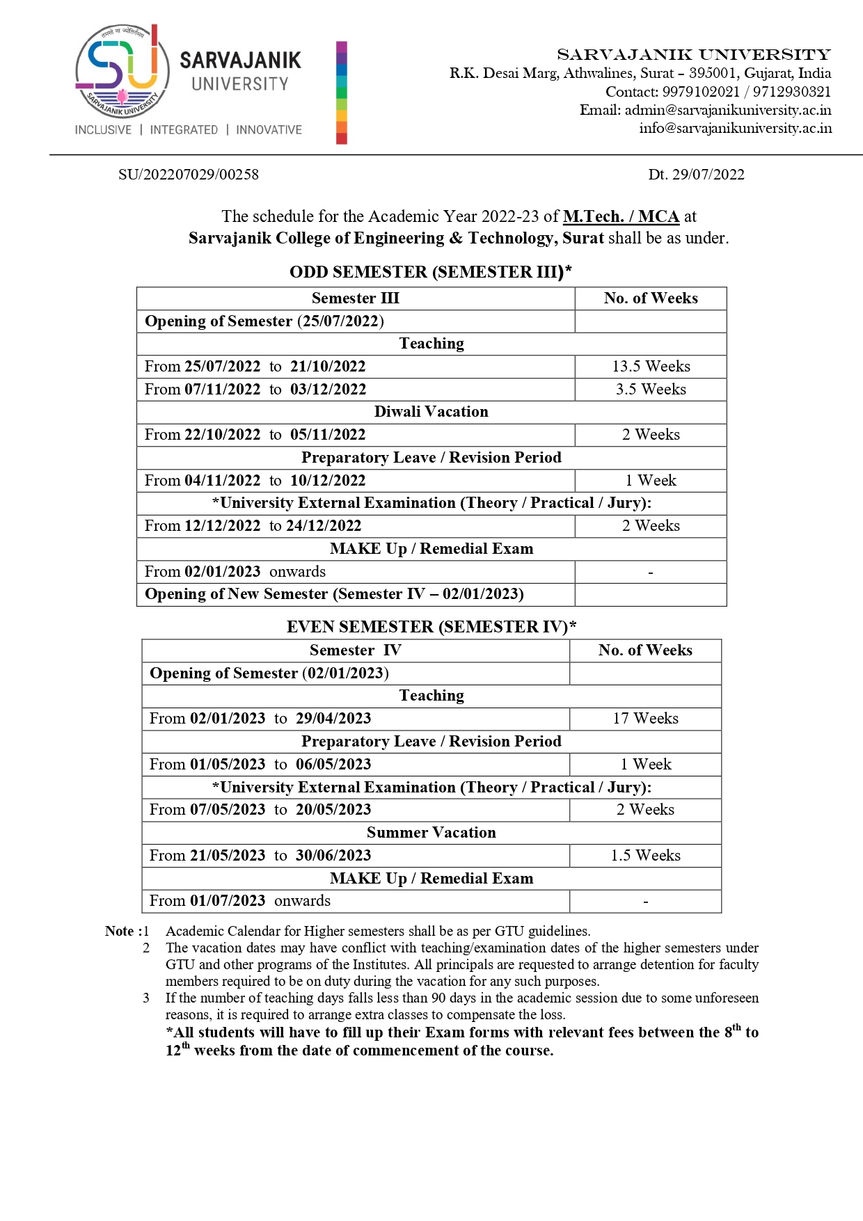 Academic Calendar Sarvajanik College of Engineering & Technology a